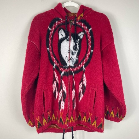 Ruminahui Wool Full Zip Sweater Mens Dream Catcher Long Sleeve Wolf Jacket Red - Picture 1 of 10